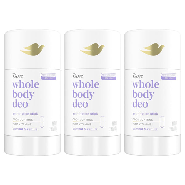 Three Dove Whole Body Deo Aluminum Free Coconut + Vanilla 2.6oz sticks are lined up. Labeled for sensitive skin and odor control, theyre infused with vitamins for all-over freshness. This is a 3 pack by Dove.